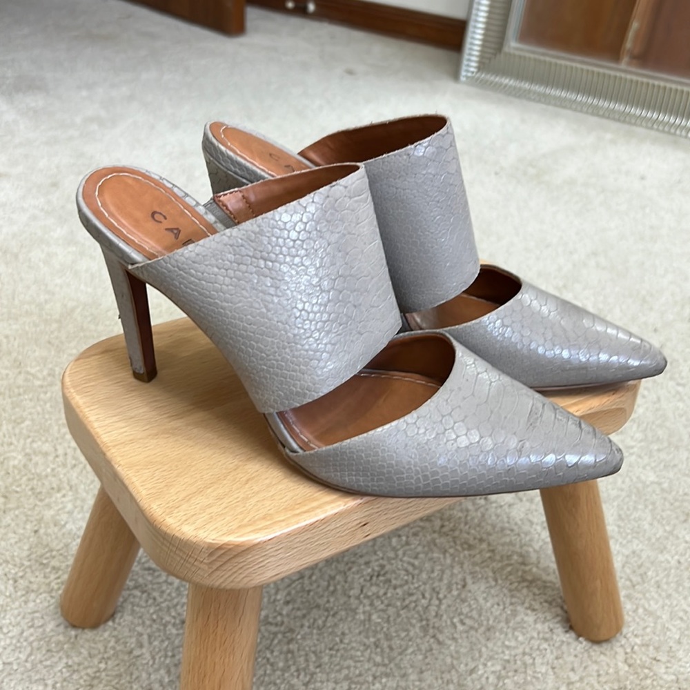 Pointed Gray Snake-Texture Mule Heels